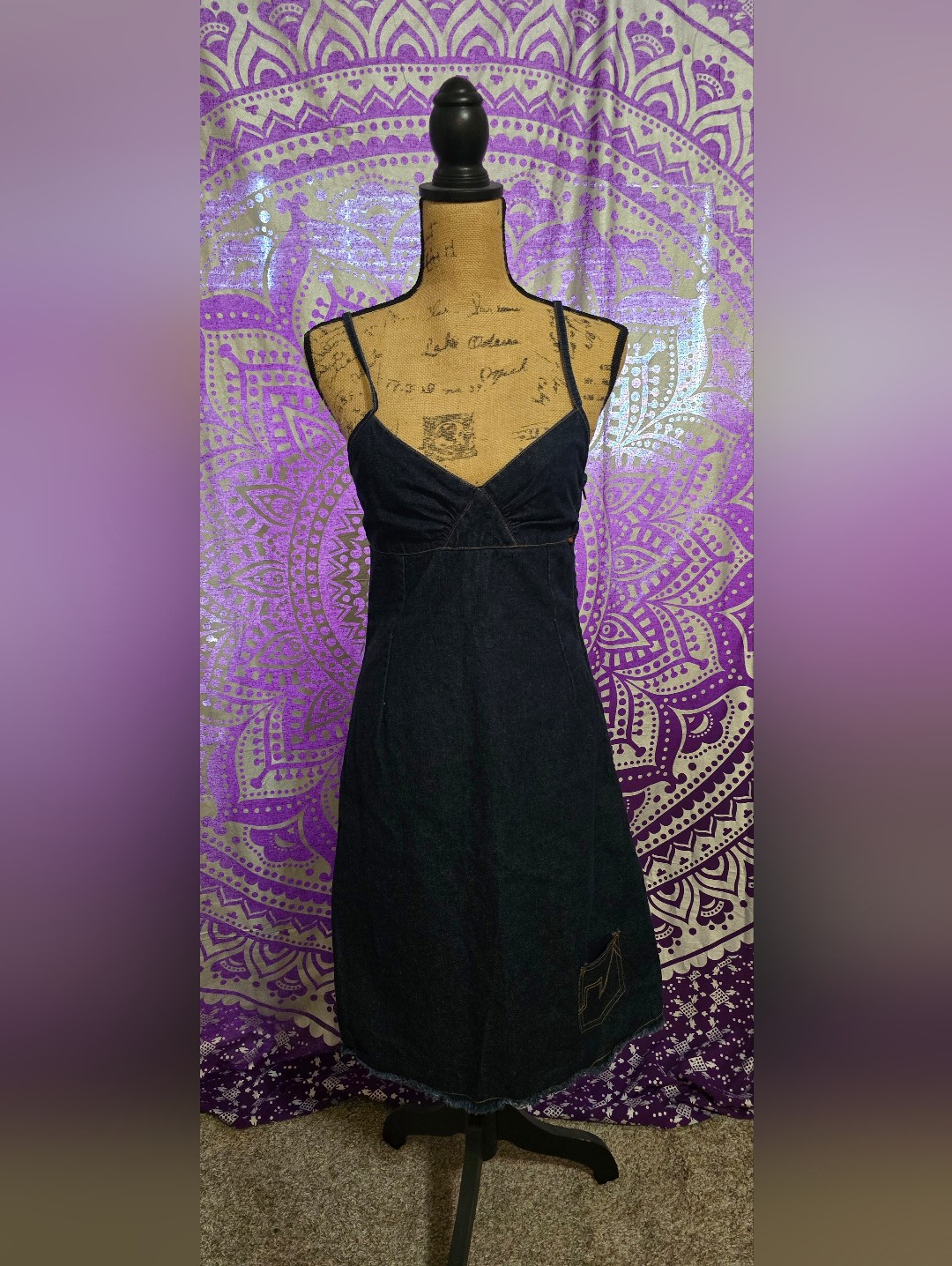 Vintage Paul Frank Dark Denim Dress With Yellow Logo Stitching Medium